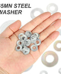 Hand holding M4 Belleville Spring Washers 100 Pcs 65Mn Steel Conical Knurled Gasket against background with additional washers
