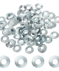 Pile of M4 Belleville Spring Washers 100 Pcs 65Mn Steel Conical Knurled Gasket in silver with knurled surface detail