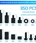 350 Piece M2.5 Black Nylon Hex Spacer Standoff Kit With Male And Female Nuts And Screws for PCBs visual with dimensions