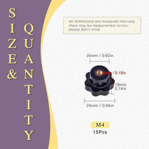 15 Piece M4 7 Star Knob Female Thread Nut Clamping Knob Grip Assortment Kit showing knob dimensions and quantity in black plastic.