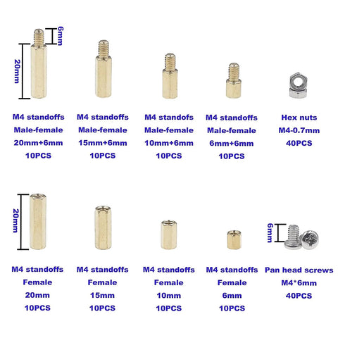 M4 Brass Hex Spacer Standoff Kit With Screws And Nuts 160 Pieces Male-Female Includes Plastic Storage Box M4 Thread 0.7mm
