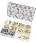 M4 Brass Hex Standoff Spacer Kit With Screws Nuts And Flat Washers 300 Piece Assortment Includes Male And Female Threads In 6mm To 25mm Lengths For All Your DIY Projects displayed in organizer box