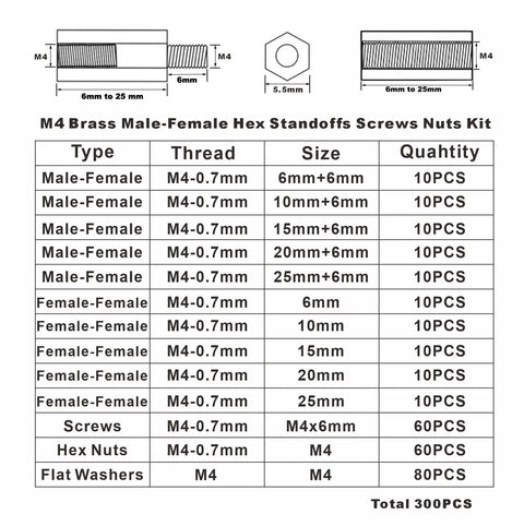 Diagram of M4 Brass Hex Standoff Spacer Kit with Screws Nuts and Washers 300 Piece Assortment with male-female threads