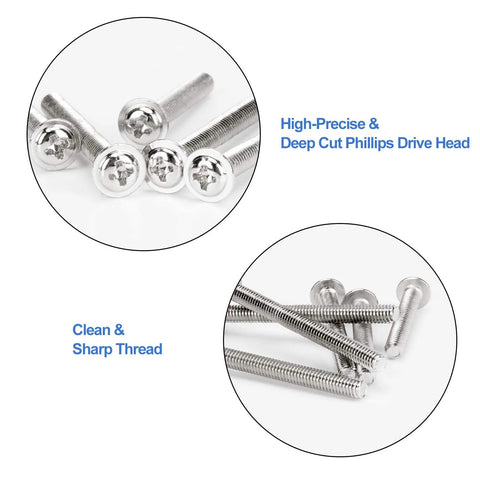Close-up of M4 Cabinet Screws Kit 200 Pieces 25 To 50mm Silver Pan Head Phillips Drive Stainless Steel with sharp threads