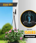 Image showing M4 carabiner clip used for hanging a plant, highlighting its 150 lbs breaking strength for versatility and durability.