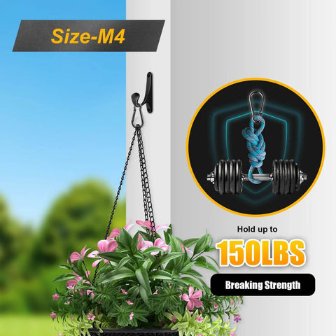 Image showing M4 carabiner clip used for hanging a plant, highlighting its 150 lbs breaking strength for versatility and durability.
