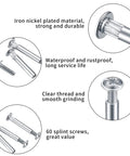 Close-up of M4 Furniture Bolts And Sleeves 130 Pcs Cabinet Panel Connectors with Philips Head showing nickel plating, thread detail, screws.
