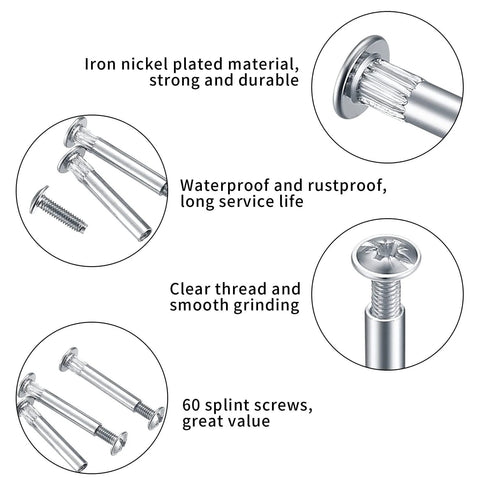 Close-up of M4 Furniture Bolts And Sleeves 130 Pcs Cabinet Panel Connectors with Philips Head showing nickel plating, thread detail, screws.