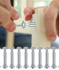 Person using M4 Furniture Bolts And Sleeves 130 Pcs Cabinet Panel Connectors with Philips Head on wooden furniture