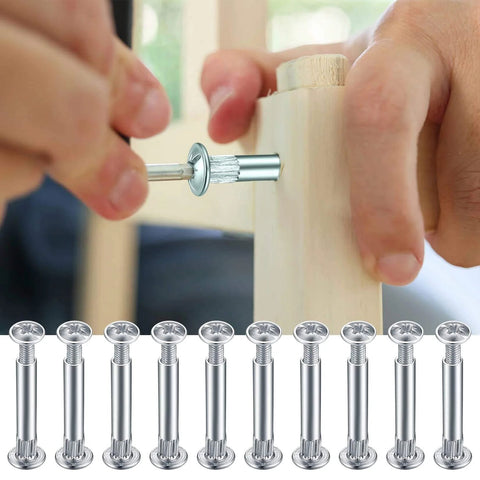 Person using M4 Furniture Bolts And Sleeves 130 Pcs Cabinet Panel Connectors with Philips Head on wooden furniture