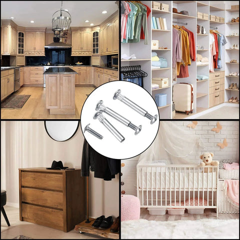Collage of M4 Furniture Bolts And Sleeves 130 Pcs Cabinet Panel Connectors with Philips Head for wood cupboard, bed, wardrobe, kitchen.