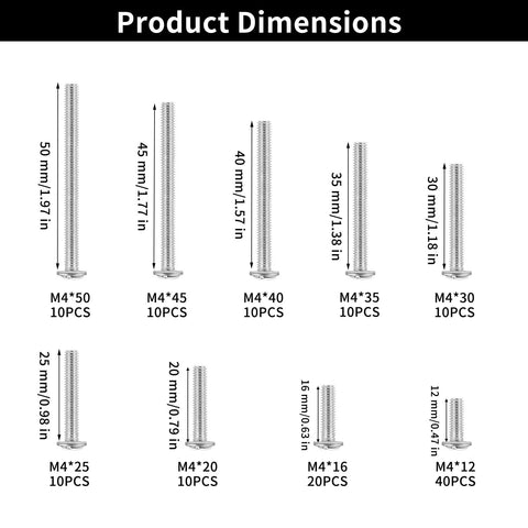 Diagram showing dimensions for 130 Pcs M4 Machine Screws Set With Phillips Pan Washer Head; various lengths in millimeters.