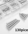 130 Pcs M4 Machine Screws Set With Phillips Pan Washer Head for cabinet pulls, shown in a clear organizer box with scattered screws.