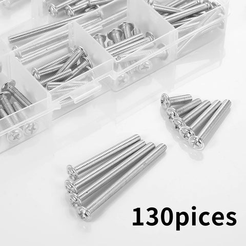 130 Pcs M4 Machine Screws Set With Phillips Pan Washer Head for cabinet pulls, shown in a clear organizer box with scattered screws.