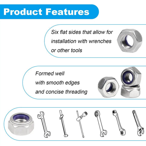 120Pcs M4 Nylon Insert Lock Nuts 0.7mm Pitch, 304 Stainless Steel Self Locking Hex Nuts For Rugged Industrial Construction Fasteners shown with product features and illustrations of tools.