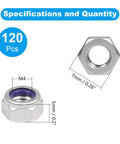 120Pcs M4 Nylon Insert Lock Nuts 0.7mm Pitch, 304 Stainless Steel Self Locking Hex Nuts For Rugged Industrial Construction Fasteners