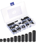 M4 Nylon Spacer Kit 100Pcs Non Threaded ABS Round Spacers Standoff Assortment in a case, black, for DIY electronics and enclosures.