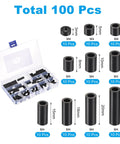 M4 Nylon Spacer Kit 100Pcs Non Threaded ABS Round Spacers Standoff Assortment arranged by size from 3mm to 25mm in a storage case