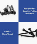 Assorted M4 Cabinet Screws Kit 25 to 50mm Black Zinc Pan Head Phillips Machine Screws 100 Pieces with precise threads