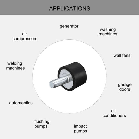 Durable rubber mounts deliver effective vibration isolation for motors, air compressors, cars and boats, with 12-pack M4 threaded posts