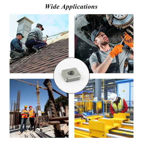 Wide applications of 304 Stainless Steel M4 Square Plate Washers, 10x10x1 mm, used in construction, automotive, and industrial machinery