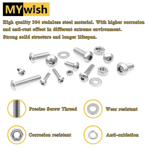 M4 Button Head Hex Socket Cap Screws And Nuts Kit In 304 Stainless Steel with Washers shown with precision screw thread detail