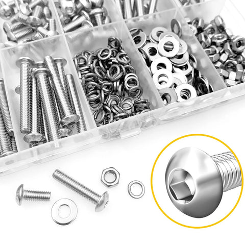 M4 Button Head Hex Socket Cap Screws And Nuts Kit In 304 Stainless Steel with washers, nuts, hex wrenches in a compartment box