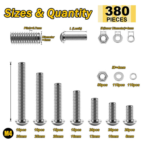 380-piece M4 Button Head Hex Socket Cap Screws And Nuts Kit In 304 Stainless Steel with various sizes and washers