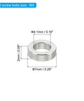 M4 Stainless Steel Spacers Set, 10 Pack Round Metal Standoffs, 4.1mm ID x 7mm OD x 2mm Thick, detailed dimensions, silver color