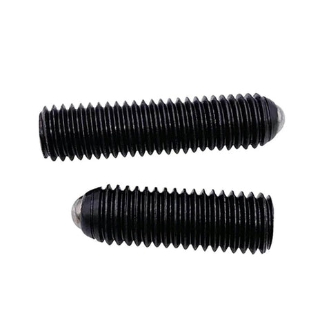 Two M4x5mm Ball Plunger Thread Hexagon Socket Ball Spring Plungers Hex Socket Ball Point Grub Set Screws Alloy Steel on white background.