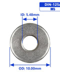 M5 X 10mm Flat Washer 304 Stainless DIN 125A Pack Of 100 showing inner and outer dimensions