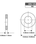 Diagram showing dimensions of M5 X 10mm Flat Washer 304 Stainless DIN 125A, including thickness and diameter measurements.