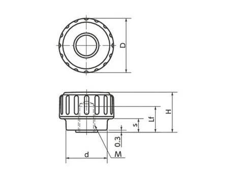 Technical drawing of ✝️ M5 25mm White Dimple Knob Nut Stainless Steel Thread - Made in Japan for smooth motion in automation systems.