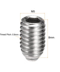 Front view of Ball Point Set Screws M5 X 8mm 304 Stainless Steel Hex Socket Ball Plungers showing dimensions and thread pitch.
