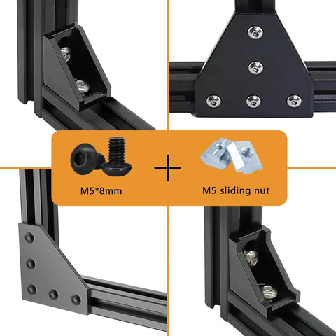 300 Pcs M5 T Nut and Screw Kit for 2020 Aluminum Extrusion Hardware including M5 x 8mm screws and sliding nut in frame assembly.