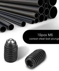 10 pack M5 x 20mm ball plunger screws with hex head, carbon steel spring loaded plungers for positioning displayed with metal pipes.