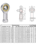 Diagram of 4 Pcs SI5TK PHSA5 M5 Female Rod End Bearing With M5x0.8 Right Hand Thread Self Lubricating Joint dimensions and specs.