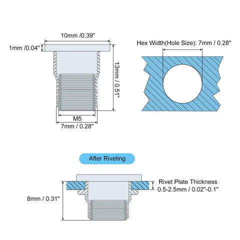 Technical diagram of Heavy Duty M5 Half Hex Rivet Nuts With Flat Head For Metal And Plastic 60Pcs Set In 304 Stainless Steel Threaded
