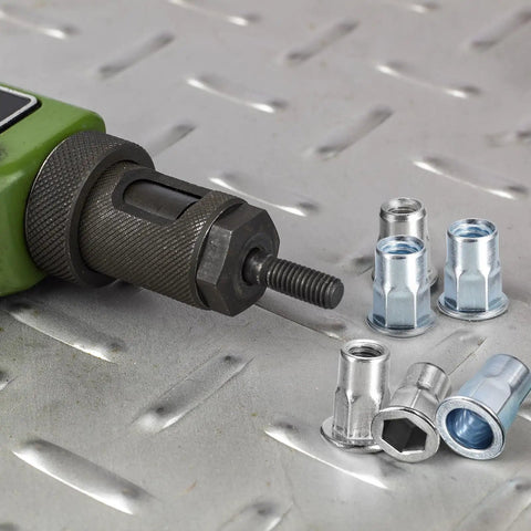 Heavy Duty M5 Half Hex Rivet Nuts With Flat Head For Metal And Plastic 60Pcs Set In 304 Stainless Steel Threaded Insert Nuts For M5 Size By Uxcell Right Now shown with tool on metal surface.