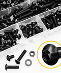 420 Piece M5 Nuts And Bolts Set With Hex Button Head Screws, flat washers, and nuts in a transparent case, black finish.