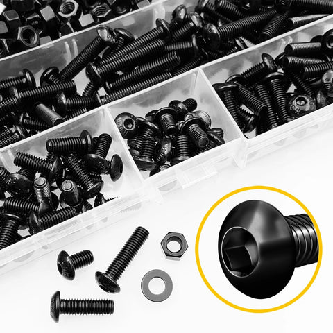 420 Piece M5 Nuts And Bolts Set With Hex Button Head Screws, flat washers, and nuts in a transparent case, black finish.