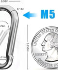Diagram comparing 24 Pack Mini M5 Spring Carabiners 1.97 Inch Galvanized Steel Hooks with a quarter for size reference.