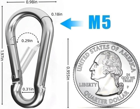 Diagram comparing 24 Pack Mini M5 Spring Carabiners 1.97 Inch Galvanized Steel Hooks with a quarter for size reference.