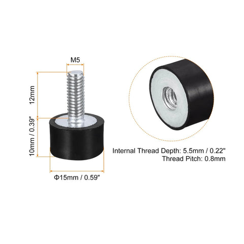 Beefy Rubber Mounts Set Eight Pcs M5 Male And Female Vibration Isolators Shock Absorbers, dimensions shown in diagram
