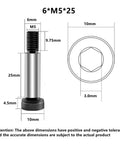 Diagram of Six Pack M5 Shoulder Screw Bolts Set With 6mm Shoulder And 25mm Total Length 12.9 Grade Alloy Steel with dimensions and hex head.
