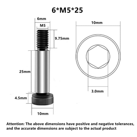 Diagram of Six Pack M5 Shoulder Screw Bolts Set With 6mm Shoulder And 25mm Total Length 12.9 Grade Alloy Steel with dimensions and hex head.