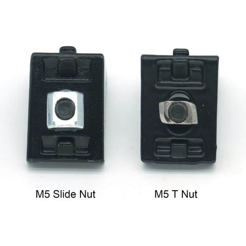 M5 Slide Nut and M5 T Nut displayed side by side, part of the 240 Pcs M5 T Nut and Screw Kit for 2020 Aluminum Extrusion.