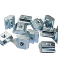 50 Pcs M5 Sliding T Nuts for 2020 Aluminum Extrusion with 6mm Slot, nickel plated steel T slot nuts arranged in a pile.