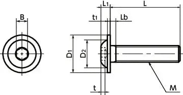 Technical drawing of SFB-M5-20-EL NBK Electroless Nickel plating Socket Button Head Cap Screws with flange dimensions