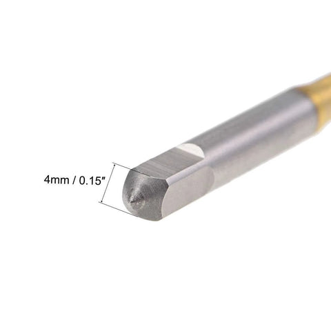 Close-up of Spiral Point Plug Threading Tap M5 x 0.8 Thread, Ground Threads H2 3 Flutes, High Speed Steel HSS 6542, Titanium Coated tip.